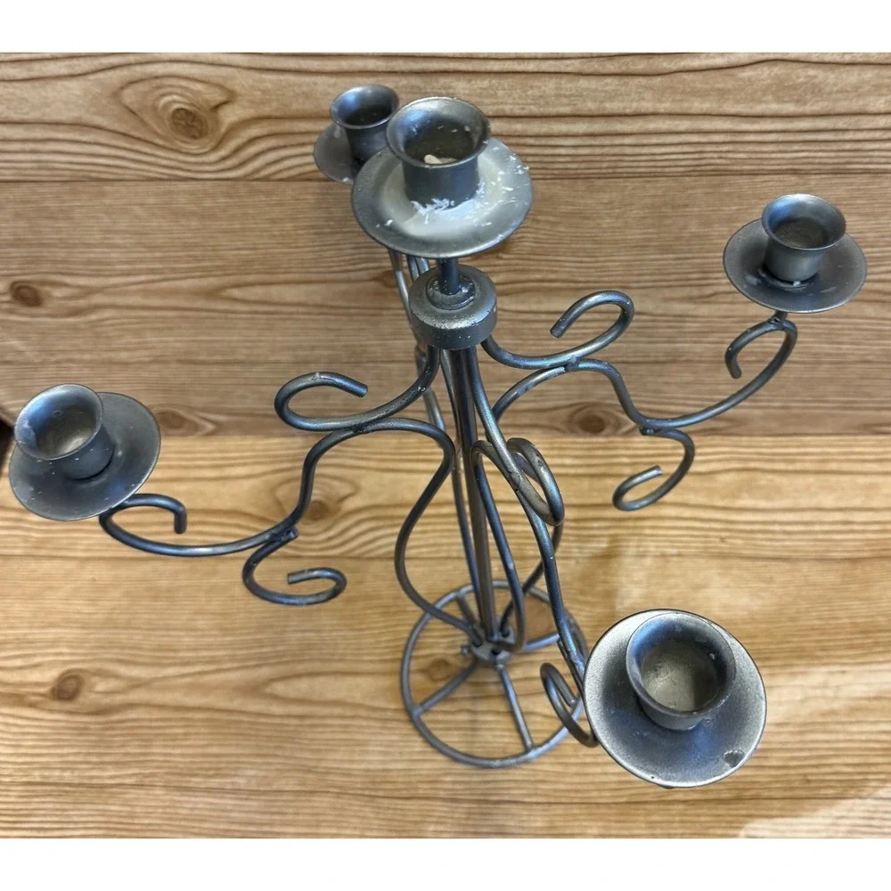 Vtg Grey Metal Candelabra 5 Arm Goth Gothic Scrolls Candlestick Holder